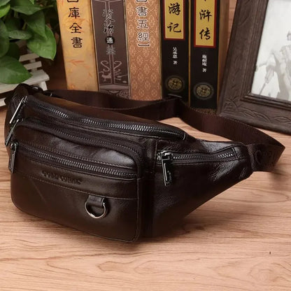 Real Cowhide Male Hip Fanny Pack Travel Shoulder Crossbody Bags Retro Men Genuine Leather Sling Chest Belt Waist Bag New