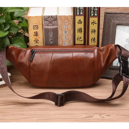 Real Cowhide Male Hip Fanny Pack Travel Shoulder Crossbody Bags Retro Men Genuine Leather Sling Chest Belt Waist Bag New