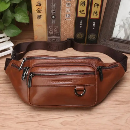Real Cowhide Male Hip Fanny Pack Travel Shoulder Crossbody Bags Retro Men Genuine Leather Sling Chest Belt Waist Bag New