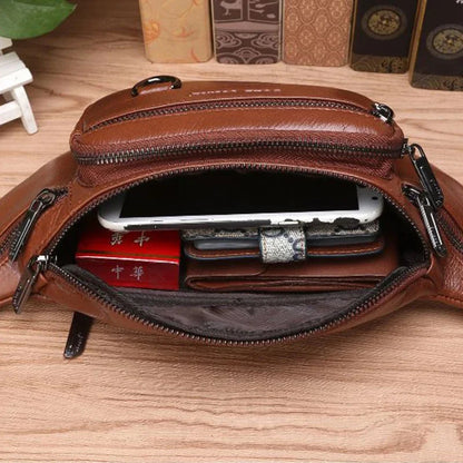 Real Cowhide Male Hip Fanny Pack Travel Shoulder Crossbody Bags Retro Men Genuine Leather Sling Chest Belt Waist Bag New