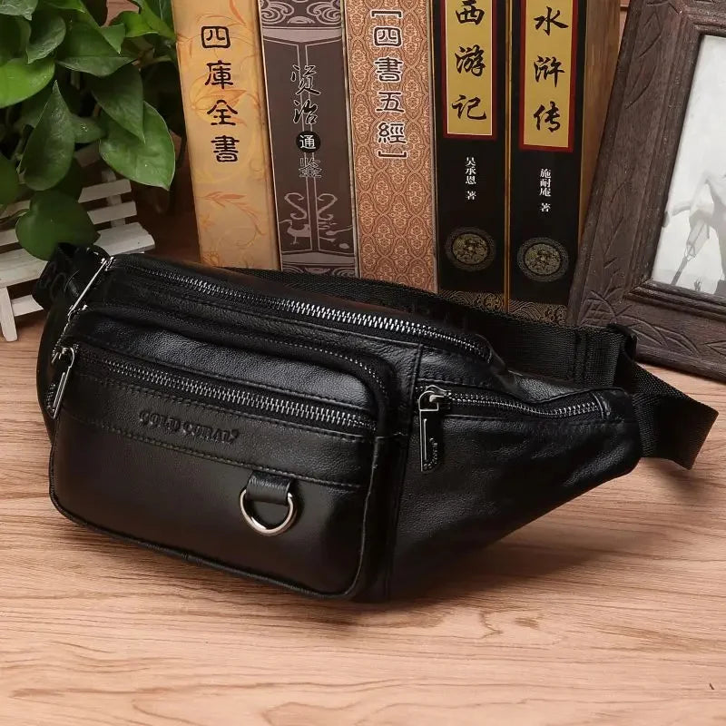 Real Cowhide Male Hip Fanny Pack Travel Shoulder Crossbody Bags Retro Men Genuine Leather Sling Chest Belt Waist Bag New