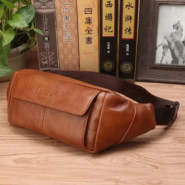 Real Cowhide Men Waist Bags Bum Sling Chest Pack Casual Pocket Shoulder Pouch Male Genuine Leather Loop Hip Belt Fanny Bag