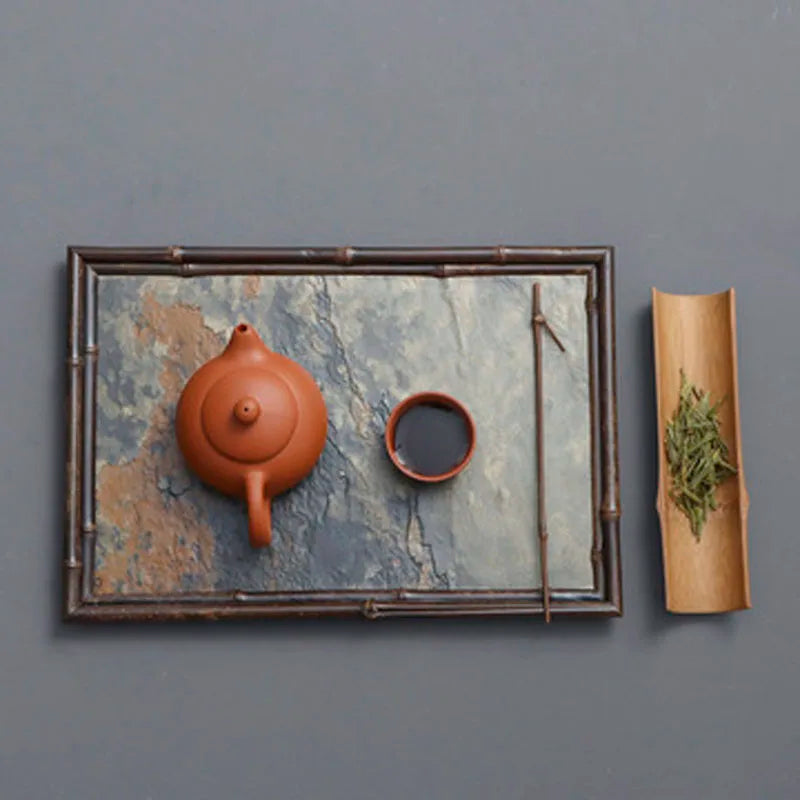 Rectangular Stone and Bamboo Tea-Tray, Separable Natural Rock Plate, Kung Fu Tea Set, Room Decoration, Table, Office Decor