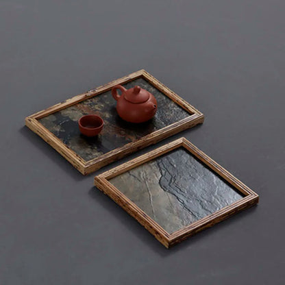 Rectangular Stone and Bamboo Tea-Tray, Separable Natural Rock Plate, Kung Fu Tea Set, Room Decoration, Table, Office Decor