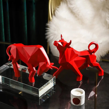 Red Bull Statues Art Geometric Resin Bison Sculpture Animal Home Decoration Tabletop Ox Figurine Ornament Office Modern Decor