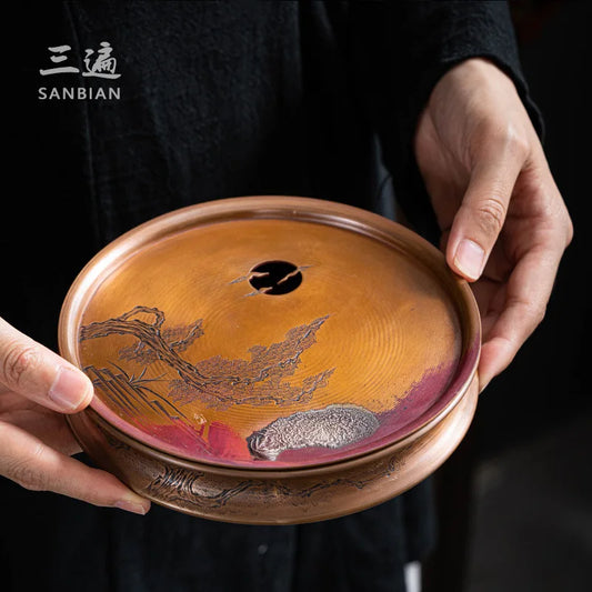 Red Copper Silver Gilded Pot Tray Dry Teapot Platform Tea Tray Water Storage Household Small Tea Table Retro Zen Water Constru