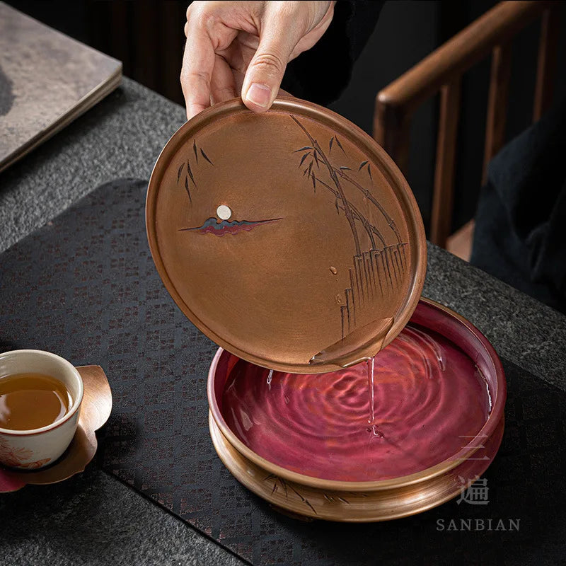 Red Copper Silver Gilded Pot Tray Dry Teapot Platform Tea Tray Water Storage Household Small Tea Table Retro Zen Water Constru