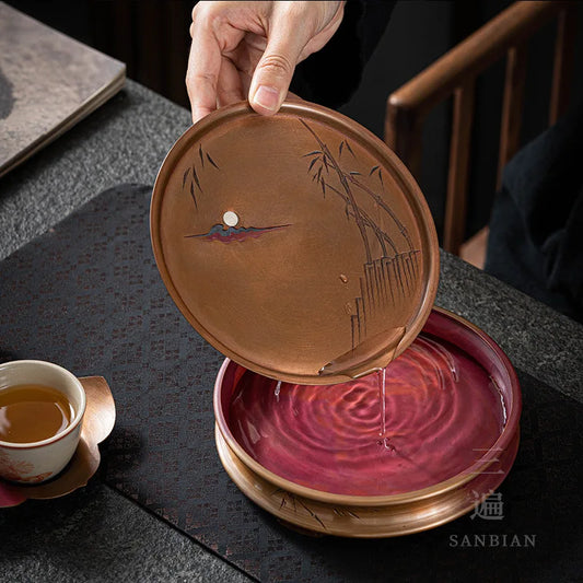 Red Copper Silver Gilded Pot Tray Dry Teapot Platform Tea Tray Water Storage Household Small Tea Table Retro Zen Water Constru