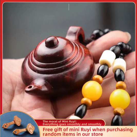 Red Sandalwood Pendant Tea Kettle with Grip Handle Hand Piece of Handicraft Pieces Wooden Figurines Statues for Decoration