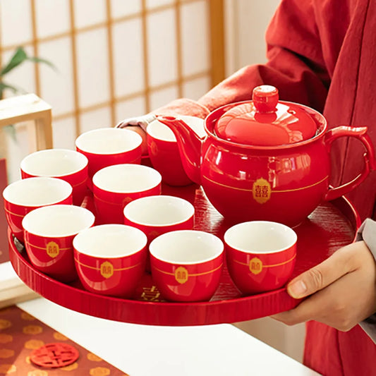 Red Teapot Ceramics Tea Set Traditional China Wedding Tea Cups Pot Porcelain Party Banquet Kettle Teaware Souvenir Gift Supply