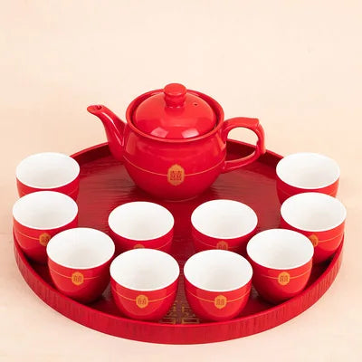 Red Teapot Ceramics Tea Set Traditional China Wedding Tea Cups Pot Porcelain Party Banquet Kettle Teaware Souvenir Gift Supply