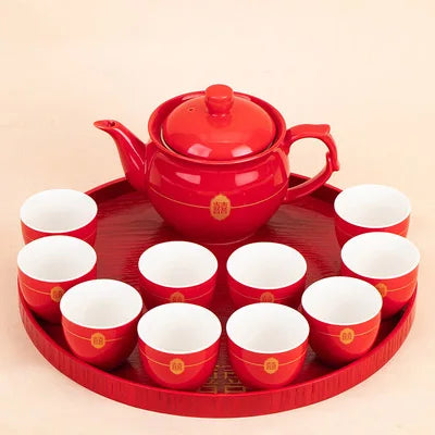 Red Teapot Ceramics Tea Set Traditional China Wedding Tea Cups Pot Porcelain Party Banquet Kettle Teaware Souvenir Gift Supply