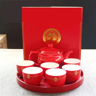 Red Teapot Ceramics Tea Set Traditional China Wedding Tea Cups Pot Porcelain Party Banquet Kettle Teaware Souvenir Gift Supply