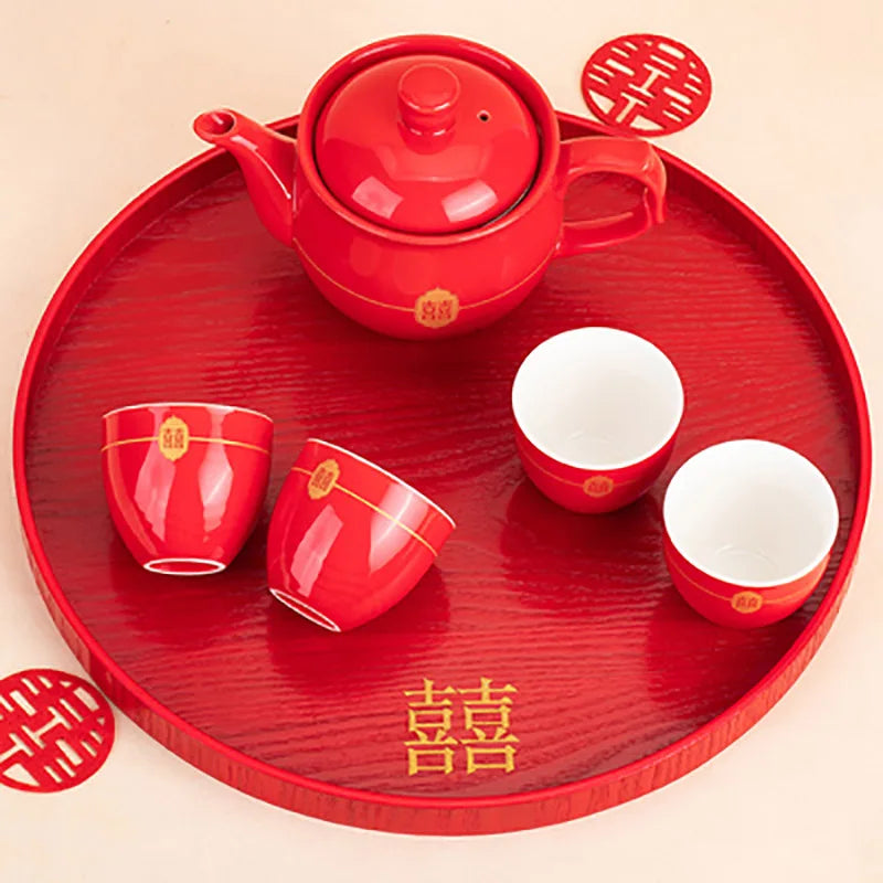 Red Teapot Ceramics Tea Set Traditional China Wedding Tea Cups Pot Porcelain Party Banquet Kettle Teaware Souvenir Gift Supply