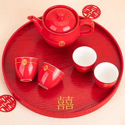 Red Teapot Ceramics Tea Set Traditional China Wedding Tea Cups Pot Porcelain Party Banquet Kettle Teaware Souvenir Gift Supply
