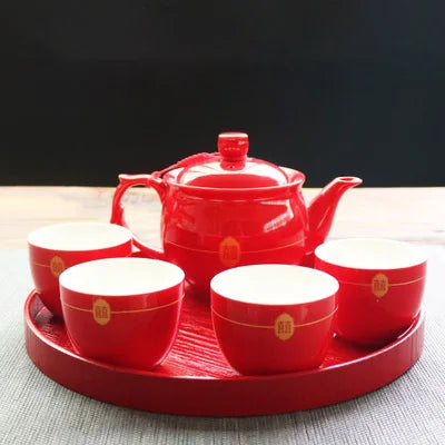 Red Teapot Ceramics Tea Set Traditional China Wedding Tea Cups Pot Porcelain Party Banquet Kettle Teaware Souvenir Gift Supply
