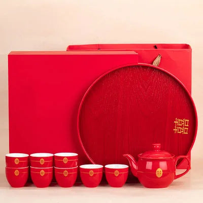 Red Teapot Ceramics Tea Set Traditional China Wedding Tea Cups Pot Porcelain Party Banquet Kettle Teaware Souvenir Gift Supply