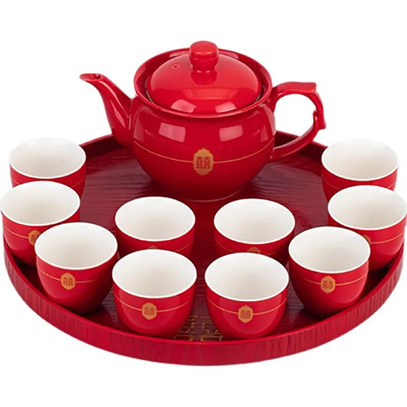Red Teapot Ceramics Tea Set Traditional China Wedding Tea Cups Pot Porcelain Party Banquet Kettle Teaware Souvenir Gift Supply