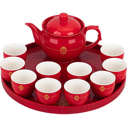 Red Teapot Ceramics Tea Set Traditional China Wedding Tea Cups Pot Porcelain Party Banquet Kettle Teaware Souvenir Gift Supply