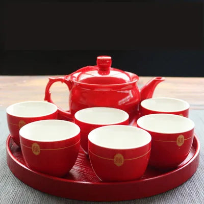 Red Teapot Ceramics Tea Set Traditional China Wedding Tea Cups Pot Porcelain Party Banquet Kettle Teaware Souvenir Gift Supply