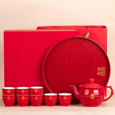 Red Teapot Ceramics Tea Set Traditional China Wedding Tea Cups Pot Porcelain Party Banquet Kettle Teaware Souvenir Gift Supply