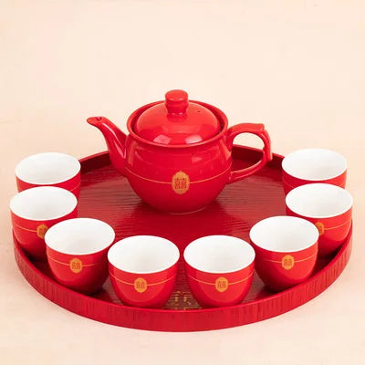 Red Teapot Ceramics Tea Set Traditional China Wedding Tea Cups Pot Porcelain Party Banquet Kettle Teaware Souvenir Gift Supply