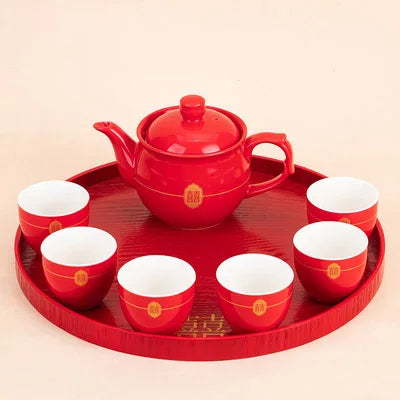 Red Teapot Ceramics Tea Set Traditional China Wedding Tea Cups Pot Porcelain Party Banquet Kettle Teaware Souvenir Gift Supply