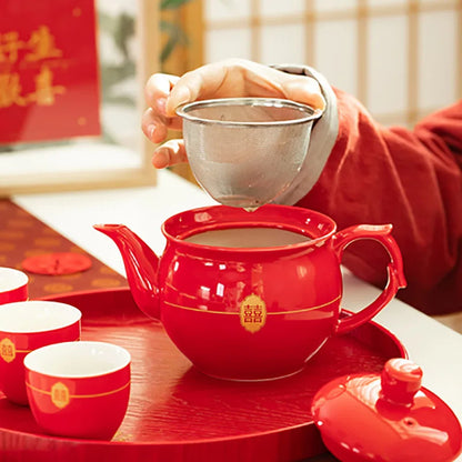 Red Teapot Ceramics Tea Set Traditional China Wedding Tea Cups Pot Porcelain Party Banquet Kettle Teaware Souvenir Gift Supply