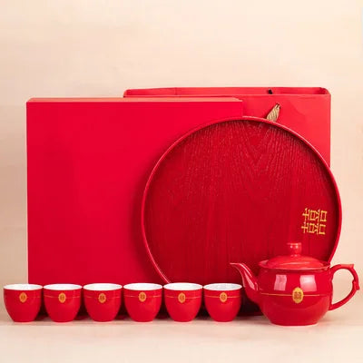 Red Teapot Ceramics Tea Set Traditional China Wedding Tea Cups Pot Porcelain Party Banquet Kettle Teaware Souvenir Gift Supply
