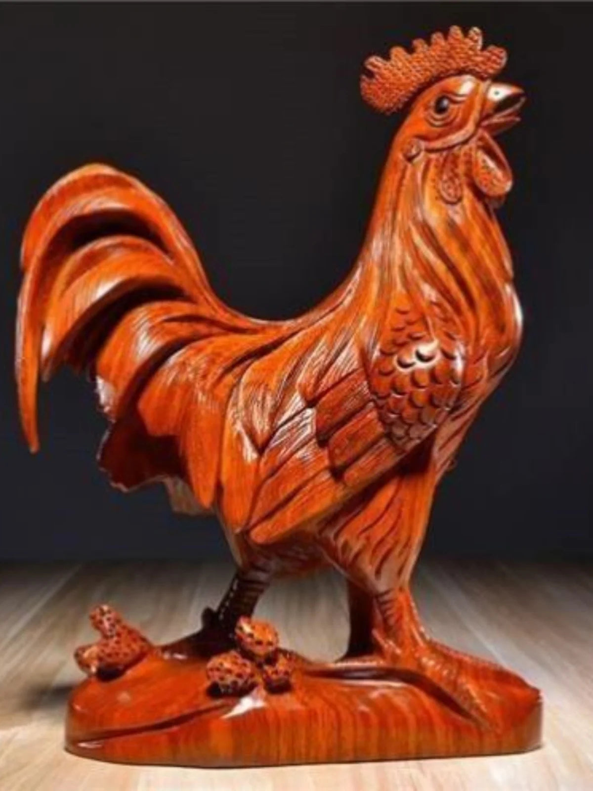 Red pear wood carved golden chicken ornament made of solid wood, twelve zodiac rooster handicraft, pure wood rooster decoration