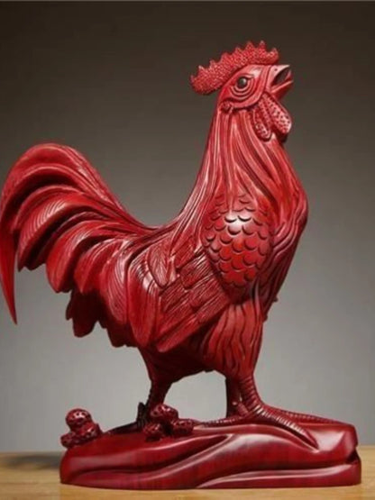 Red pear wood carved golden chicken ornament made of solid wood, twelve zodiac rooster handicraft, pure wood rooster decoration
