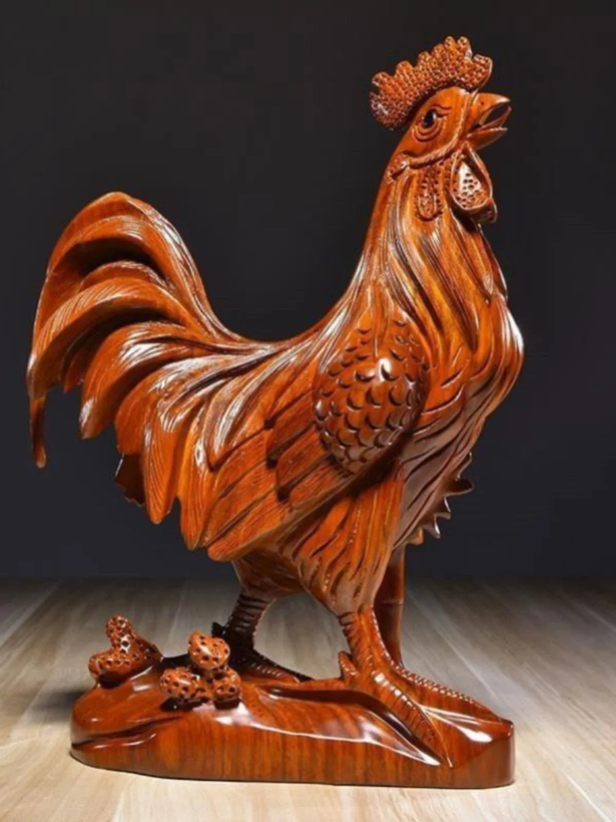 Red pear wood carved golden chicken ornament made of solid wood, twelve zodiac rooster handicraft, pure wood rooster decoration