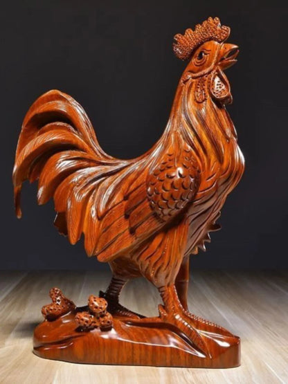 Red pear wood carved golden chicken ornament made of solid wood, twelve zodiac rooster handicraft, pure wood rooster decoration