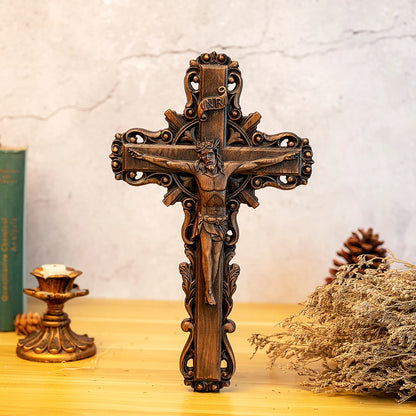 Religious Christian wall, home decoration, Jesus cross, wooden cross with baptismal statue, catholic saint image