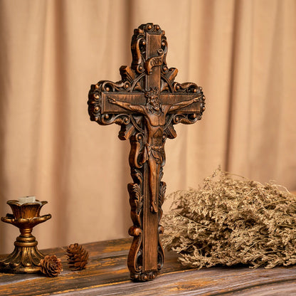 Religious Christian wall, home decoration, Jesus cross, wooden cross with baptismal statue, catholic saint image