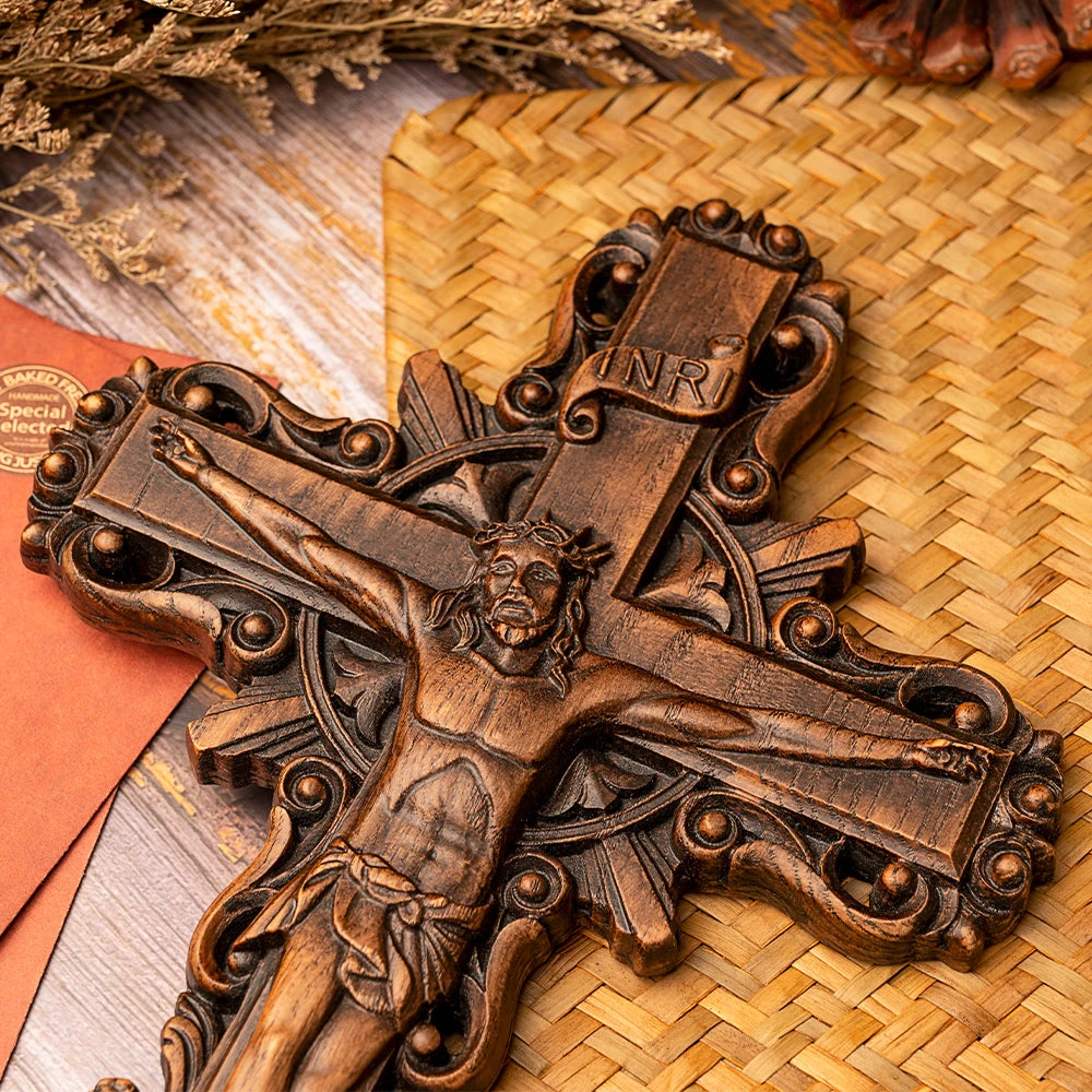 Religious Christian wall, home decoration, Jesus cross, wooden cross with baptismal statue, catholic saint image