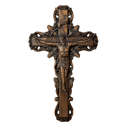 Religious Christian wall, home decoration, Jesus cross, wooden cross with baptismal statue, catholic saint image