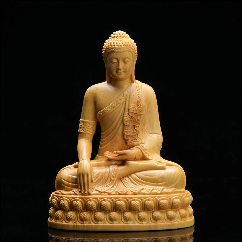 Religious Temple Thai Buddha Statue Wooden Sculpture Chinese Boxwood Wood Carving Prayer Supplies Home Decoration