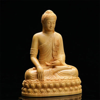 Religious Temple Thai Buddha Statue Wooden Sculpture Chinese Boxwood Wood Carving Prayer Supplies Home Decoration