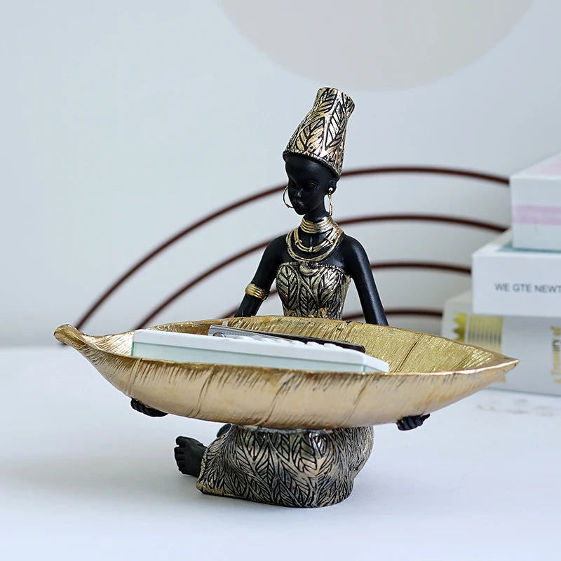 Resin African Black Woman Storage Statue Exotic Figurines Home Interior Desktop Decor Keys Candy Container Craft Item