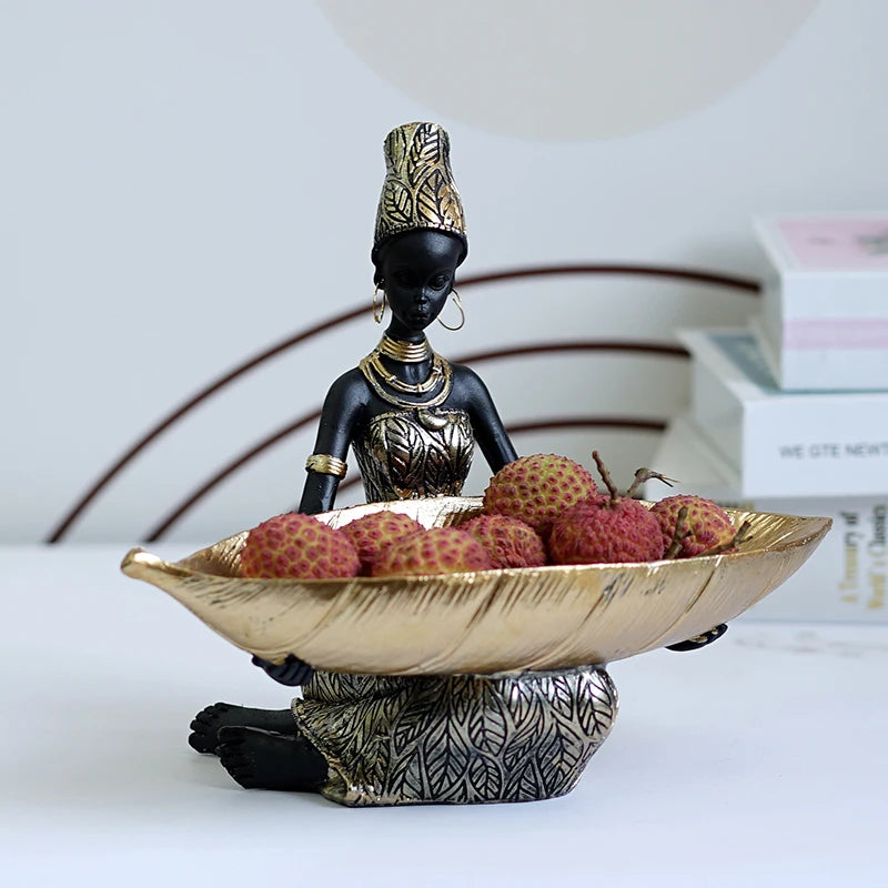 Resin African Black Woman Storage Statue Exotic Figurines Home Interior Desktop Decor Keys Candy Container Craft Item
