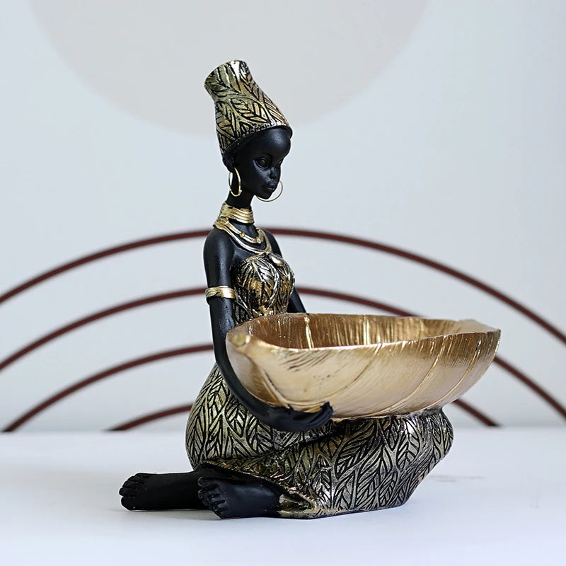 Resin African Black Woman Storage Statue Exotic Figurines Home Interior Desktop Decor Keys Candy Container Craft Item