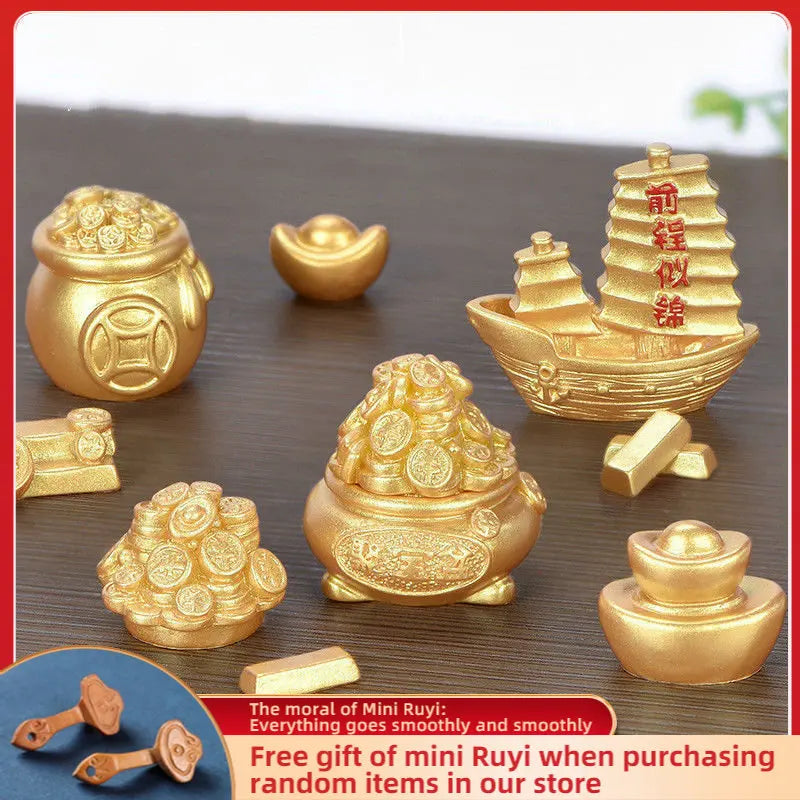 Resin【 Amass Fortunes】golden Car Ornaments Micro Landscape Bonsai Decoration Desktop Creative Trinket Home Accessories Figurines