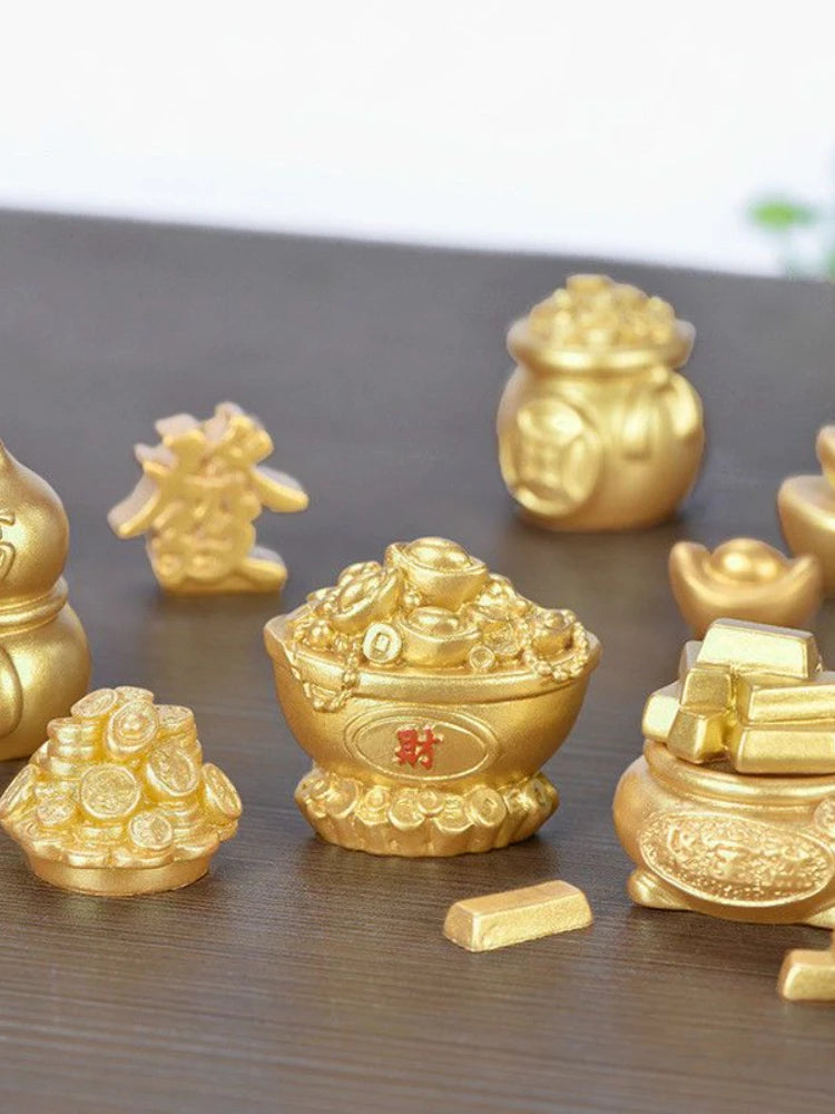 Resin【 Amass Fortunes】golden Car Ornaments Micro Landscape Bonsai Decoration Desktop Creative Trinket Home Accessories Figurines