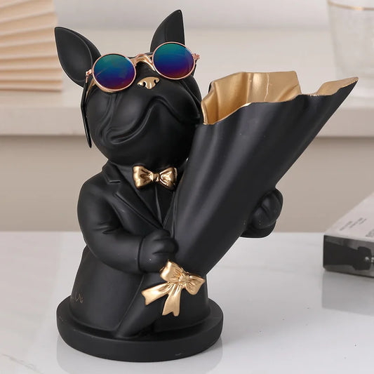 Resin Bulldog Dog Sculpture with Glasses Storage Ornaments Statue Porch Door Key Tray Candy Plate Figurine Miniature Home Decor