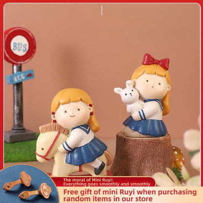 Resin Cartoon Lovely Maiden Car Ornament Micro Landscape Bonsai Decoration Desktop Creative Trinket Home Accessories Figurines