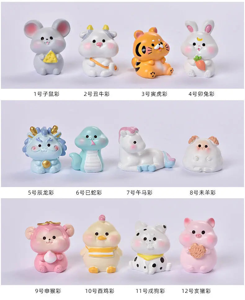 Resin Cartoon Twelve Animals Car Ornaments Micro Landscape Bonsai Decoration Desktop Creative Trinket Home Accessories Figurines