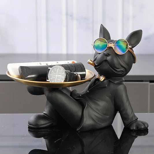 Resin Dog Statue Home Decor French Bulldog Sculpture Ornament Animal Figurine Decorative Key Storage Tray Living Room Decoration