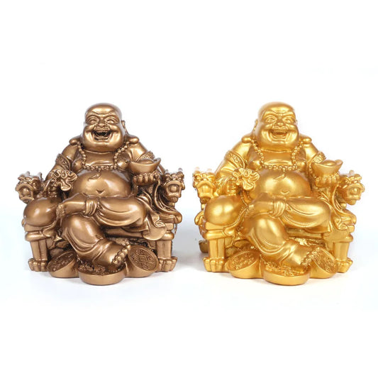 Resin Dragon Chair Laughing Buddha Statue ，Retro character lucky ornaments Chinese Buddha Statue Home decoration accessories