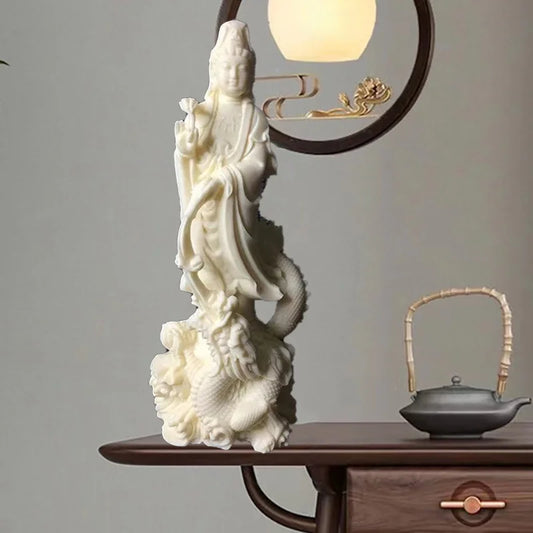 Resin Dragon Guanyin Bodhisattva Statue China Buddhist Figure Sculpture Home Room Office Feng Shui Statue 6.68 in